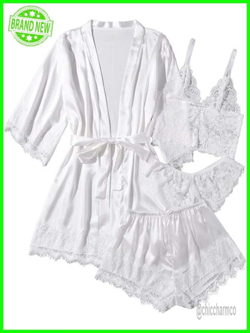 Satin Pajama Set with Lace Trim – 4-Piece Sleepwear & Robe